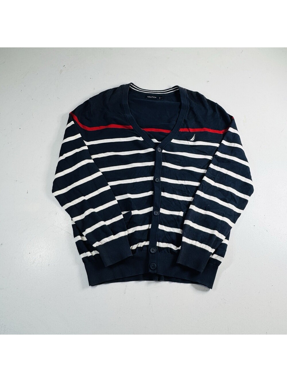 Nautica Cardigan Sweater Red White Blue Striped Men’s Size Large